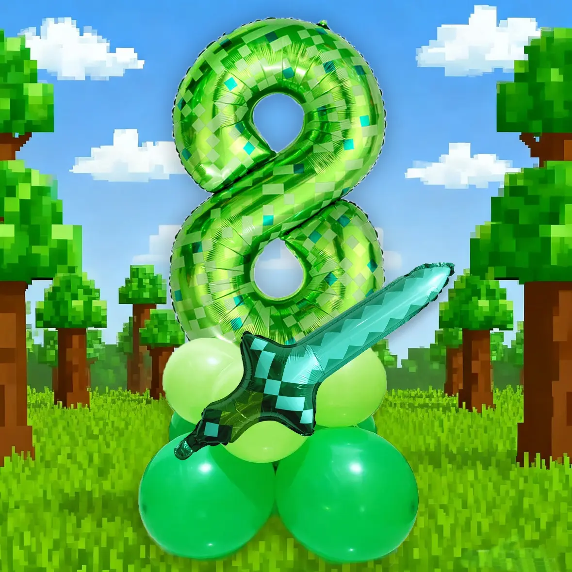 40-Inch Pixel Miner Theme Balloon Set, Includes Pixel Number Aluminum Foil Balloons, Metallic Balloons, Perfect for Birthday Party Decorations, Holiday Celebrations
