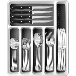 49PCS Silverware Set for 8 with Flatware Drawer Organizer, Stainless Cutlery Set with, Include and Set, Carving floral patterns, Dishwasher Safe