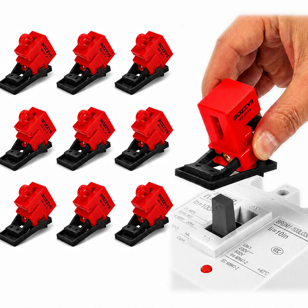 BOZZYS 9Pcs Red Breaker Lockout Clamps, Tool-Free Clip-On Design with Anti-Loosening Screw, Serrated Blade Grip and Reinforced Protective Cover, Fits Lockable Circuit Breaker Handles Up to 18mm for Electrical Safety