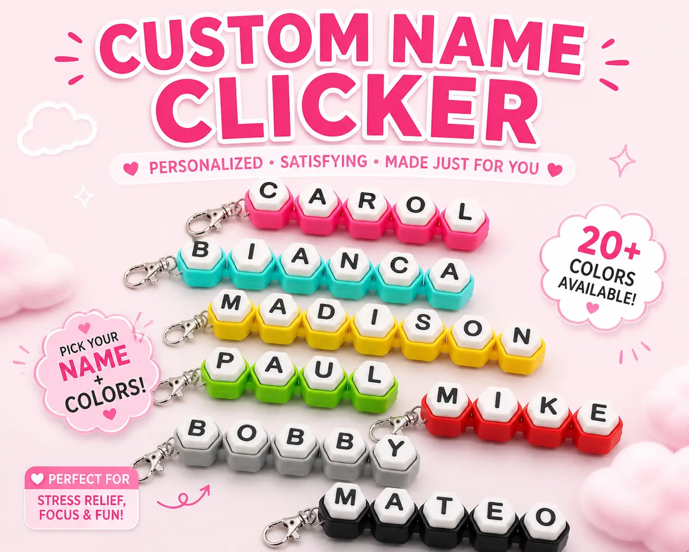 Personalized Clicker Fidget – Custom Name Keycap Clicker | 3D Printed Desk Toy | Mechanical Keyboard Switch Fidget