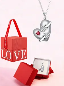 Embrace Heart Ruby Necklace Copper Pendant with Love Gift Box, Perfect Romantic Jewelry Gift for Mom Wife Girlfriend Valentine's Day Anniversary