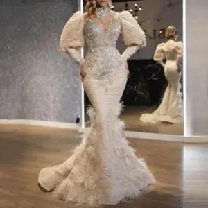 New Style Dress V-neck Feather Princess Sprinkled Gold Long Mesh Evening Fabric Formal