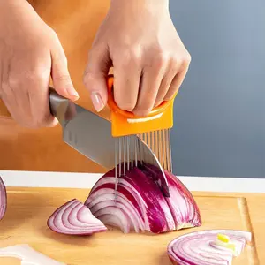 Stainless Steel Onion Slicer, Vegetable Tomato Holder Cutter, Kitchen Safety Tool, Food Contact Safe, No Electricity Required