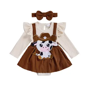 Meihuida Newborn Baby Girl Fall Winter Clothes Western Cowgirl Dress Romper Ruffle Long Sleeve Onesie Headband Cute Outfit