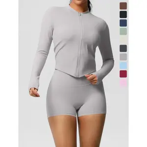 Two-Piece Set Women's Solid Zip Up Crop Jacket & High Waist Shorts Tracksuit Set, Sporty Casual Breathable for Yoga Gym Workout Running, Ladies Sportswear for All Seasons