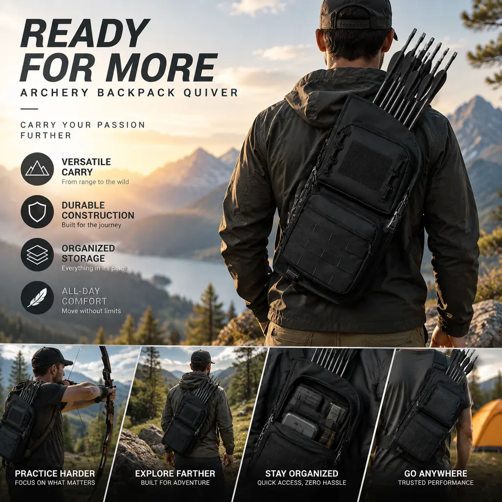 Expandable Archery Quiver Backpack, Adjustable Archery Storage Bag with Multiple Pockets, Water Resistant Bow & Arrow Carry Pack for Outdoor Archery Practice, Hiking & Shooting Range