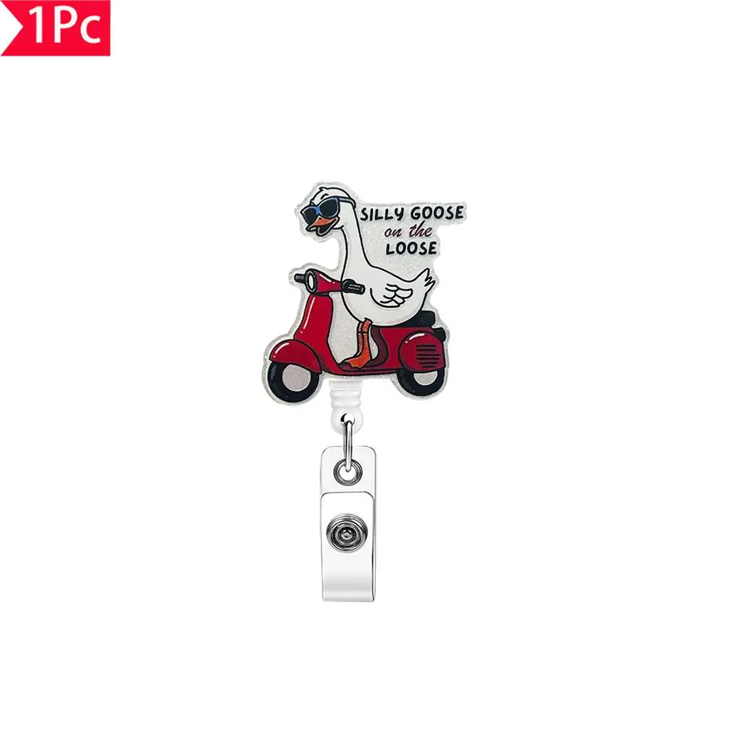 1PC Glittery Silly Goose Red Scooter “SILLY GOOSE on the LOOSE” Retractable ID Lanyard Clip Fun Personalized Badge Holder Nurse Badge Reel For Nurses, Doctors, Teachers, or as Gifts Nursing Badge Reel Funny Badge Reel ID Badge Holders Retractable