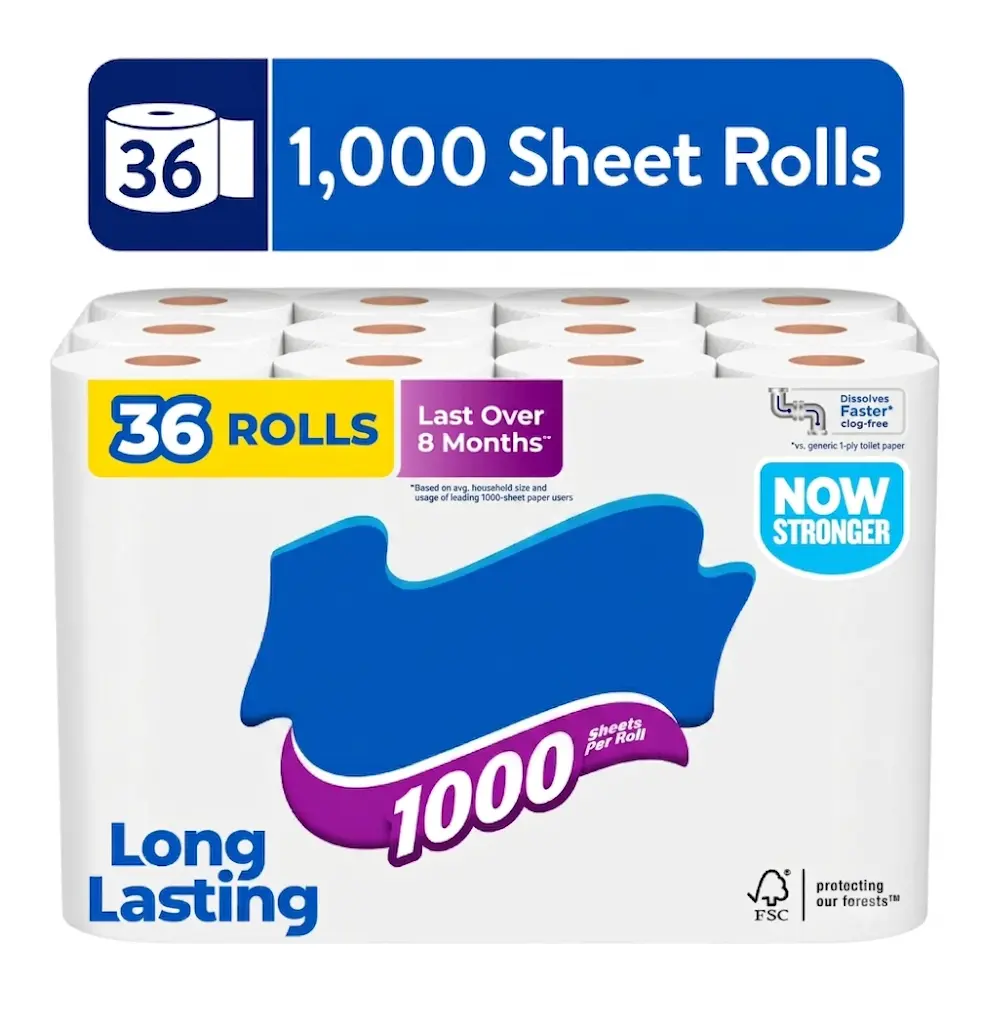 Bulk 1-Ply Toilet Paper, 36 Rolls, 1000 Sheets Each, Convenient Bathroom Tissue for Home and Office
