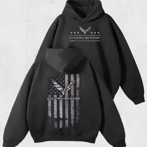 Corvette C7 Hoodie, 2-Sided Flag Graphic Sweatshirt, Vintage Racing Pullover for Sports Car Lovers