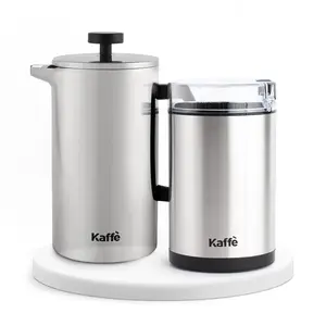 Kaffe French Press Essentials Bundle in Steel - 27oz Stainless Steel French Press & Compact Blade Grinder