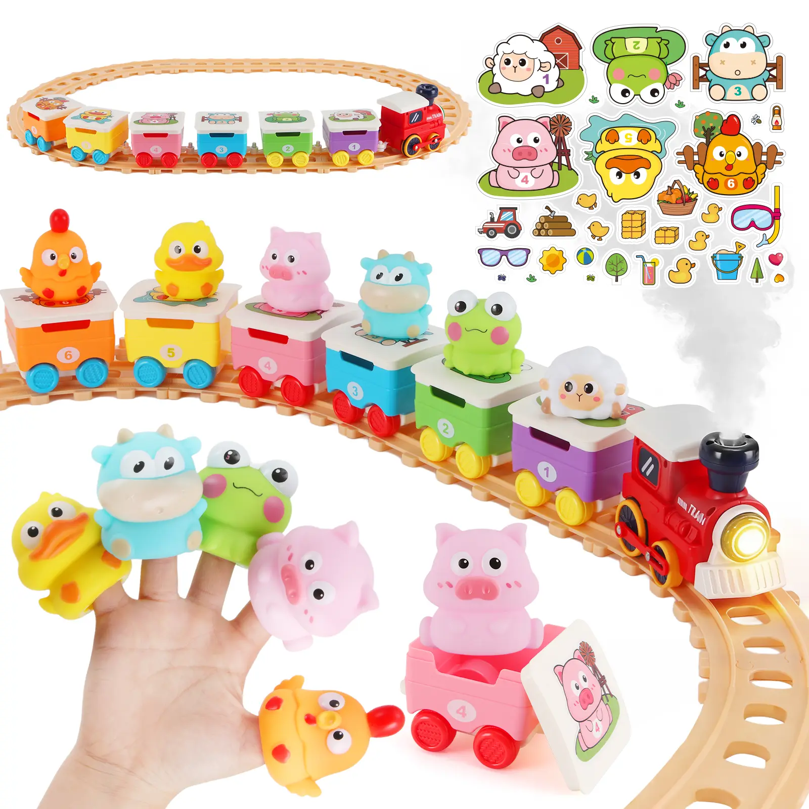 YULONG Electric Farm Animal Train Set with Tracks, Music, Lights, Steam, Numbered Cars - Montessori Toys for 1+ Year Old Toddlers, Safe Smooth Edges, Learning Color Matching Counting Toy, Birthday Gift (Animal Figures Included)