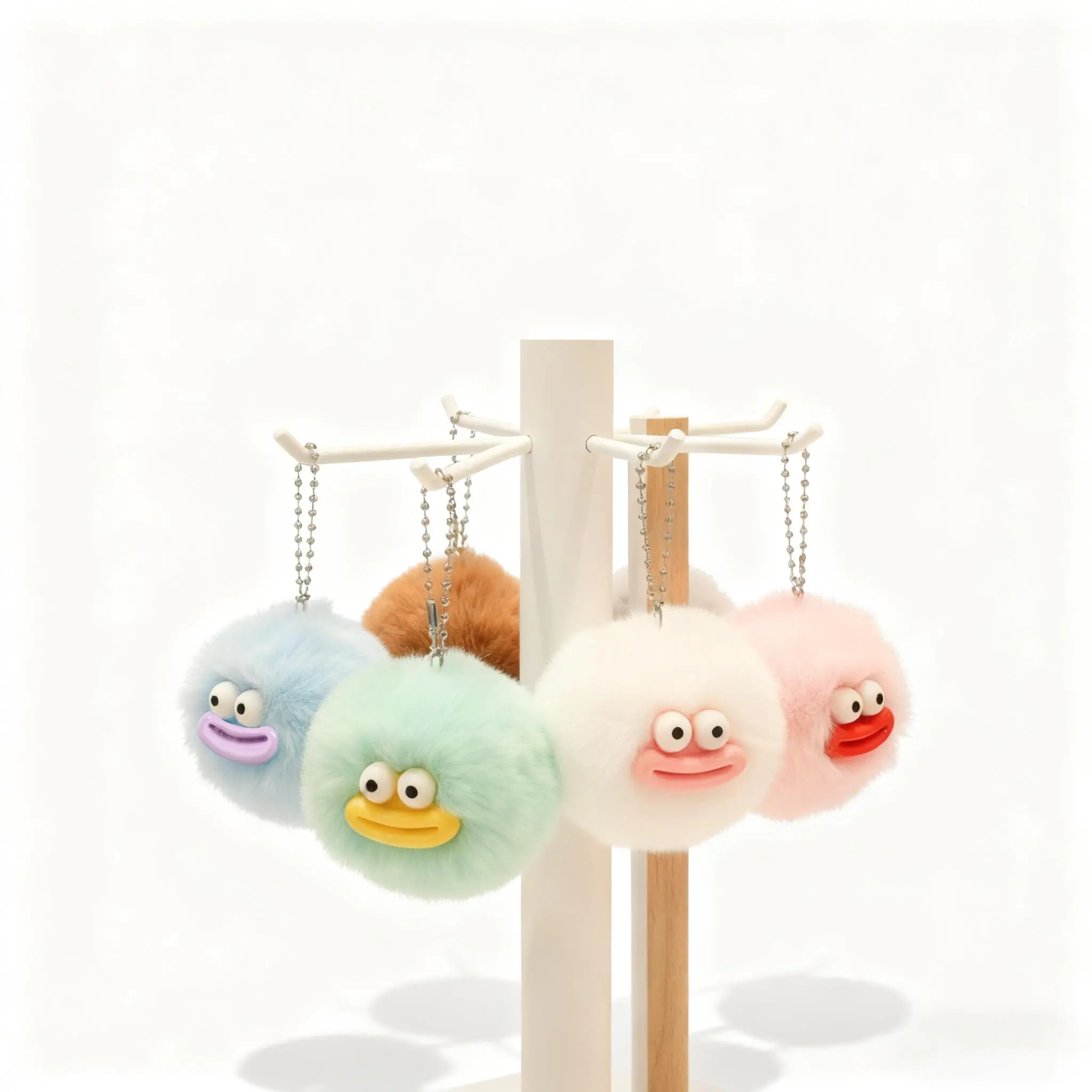 Soft Texture Round Faux Fur Keychain - Quirky Goofy Expression Bag Charm for Gym Bags, Car Accessories Complete Kit (Festive & Party Decor Supplies), Round Charm