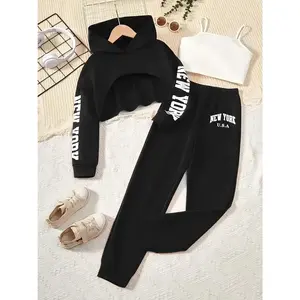 New2026 Girls' Spring Autumn Fashion Three-Piece Set, Kids' Cropped Hoodie Camisole Sports Outfit