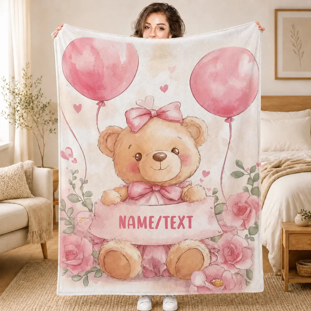 Personalized Pink Teddy Bear Fleece Throw Blanket Custom Name Watercolor Floral Soft Plush Blanket for Women Girls Bedroom Couch Decor