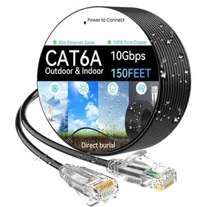 Cat6a Ethernet  Slim 150ft Outdoor&Indoor, 28AWG Pure Copper Cat6 Internet  for  & Direct Burial, Flexible Cat6 Ethernet  10G 550MHZ,  6 Network  for Indoor Black