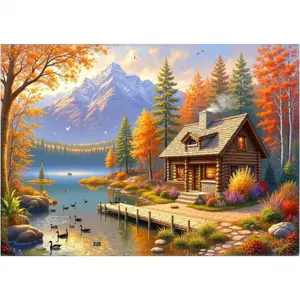 F&F Autumn Lake Landscape Cozy Cabin Puzzles For Christmas, 500 Piece Puzzle For Adults, Christmas Jigsaw Puzzles For Adults, Christmas Puzzle, Funny Puzzles For Adults, Christmas Puzzles For Adults, Christmas Jigsaw Puzzles, Challenging Game Toys,