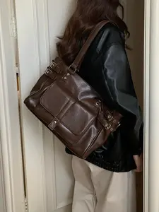 Autumn Winter New Retro Coffee Color Versatile Large Capacity Commuter PU Tote Satchel Bag, Korean Style College Wind Shoulder Crossbody Bag