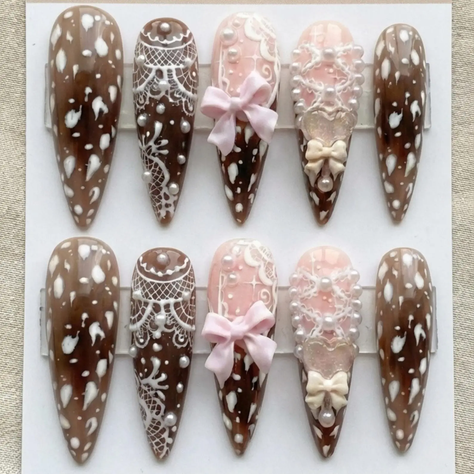 Bambi-core Deer Print Press On Nails| Luxury Coquette Fawn & Lace Nails Set