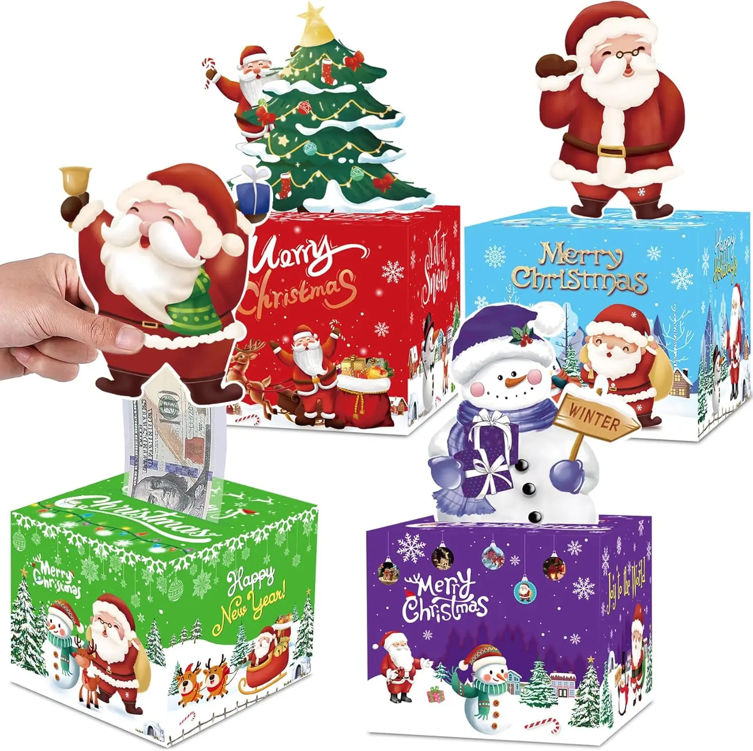 4 Pack Christmas Money Boxes for Cash Gift Pull Surprise Money Holder DIY Fun Cash Box for Kids Adults Women Men Girls Boys Mom Dad Friends 200 Transparent Bags Included