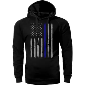 Thin Blue Line Vertical Brushed Flag Front Print Police Hoodie Sweatshirt Cotton Fabric