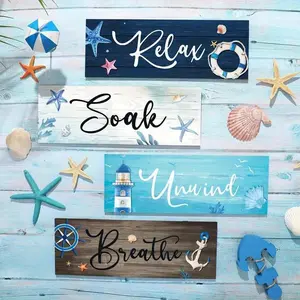 Coastal Rustic Wood Signs, 4 Counts/set Letter Pattern Wall Art, Wall Decor for Farmhouse Home School Bathroom Laundry Spa