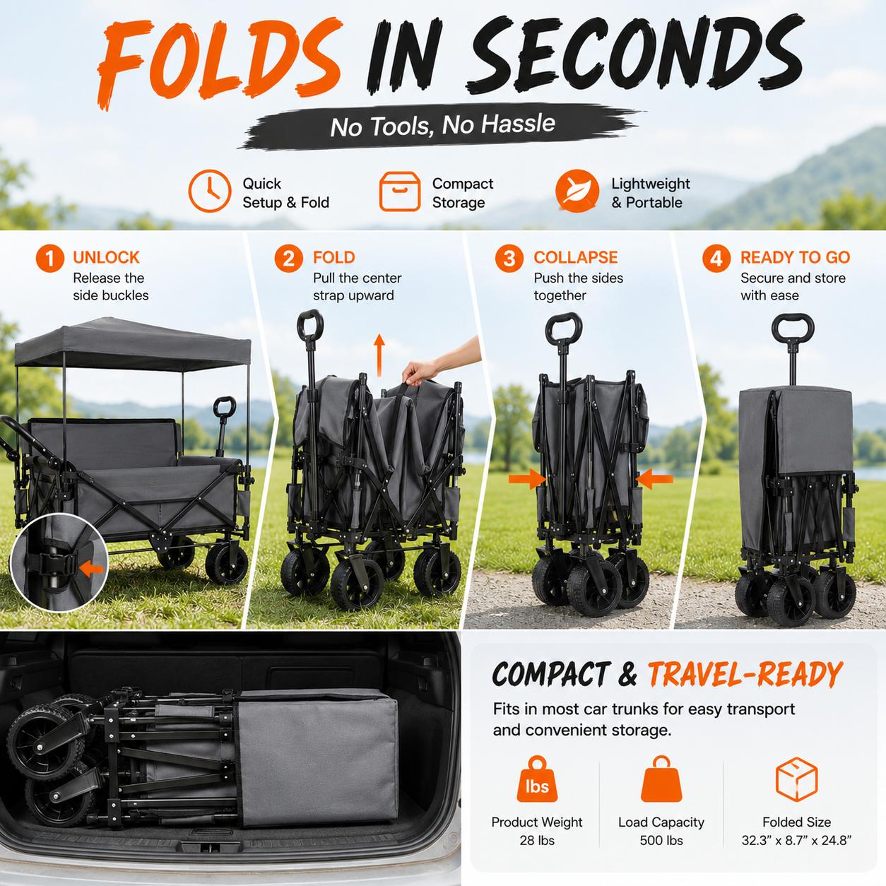 3-in-1 Collapsible Utility Wagon with 180L Capacity, Steel Frame, Bench Seat, Removable Canopy, Brake System, 500lbs Load, All-Terrain Wheels for Garden Camping-0028 3-in-1 Collapsible Utility Wagon with 180L Capacity, Steel Frame, Bench Seat, Removable Canopy, Brake System, 500lbs Load, All-Terrain Wheels for Garden Camping-0028