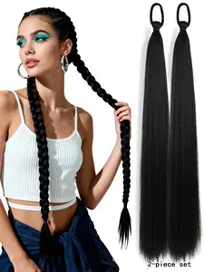 2 piece long straight hair ponytail extensions black brown elastic band hair attachments synthetic hair 26 inch ponytail extension DIY braid ponytail natural hair color loose hair strands for women daily and festive use