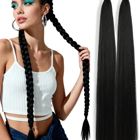2-Piece Long Straight Ponytail Hair Extensions, Black & Brown, Elastic Band Synthetic Hairpieces, 26-Inch DIY Braid Ponytail, Natural Color for Women, Daily & Festive Use, Synthetic Ponytails