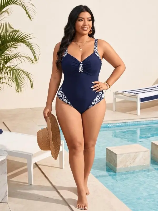 Women's Plus Size Navy White Print Pleated V-Neck Tummy Control 1-Piece Swimsuit - Swimdress for Beach Vacations, Pool Parties