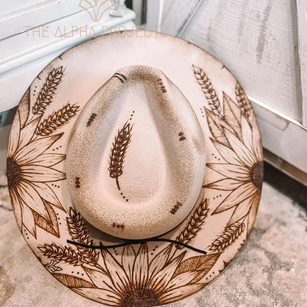 Rebecca: Sunflowers and Wheat. Made to Order Handcrafted Burned Wide Brim Hat. Burned hat, Cowboy Hat, Western Hat, custom cowboy Rodeo hat. Cotton