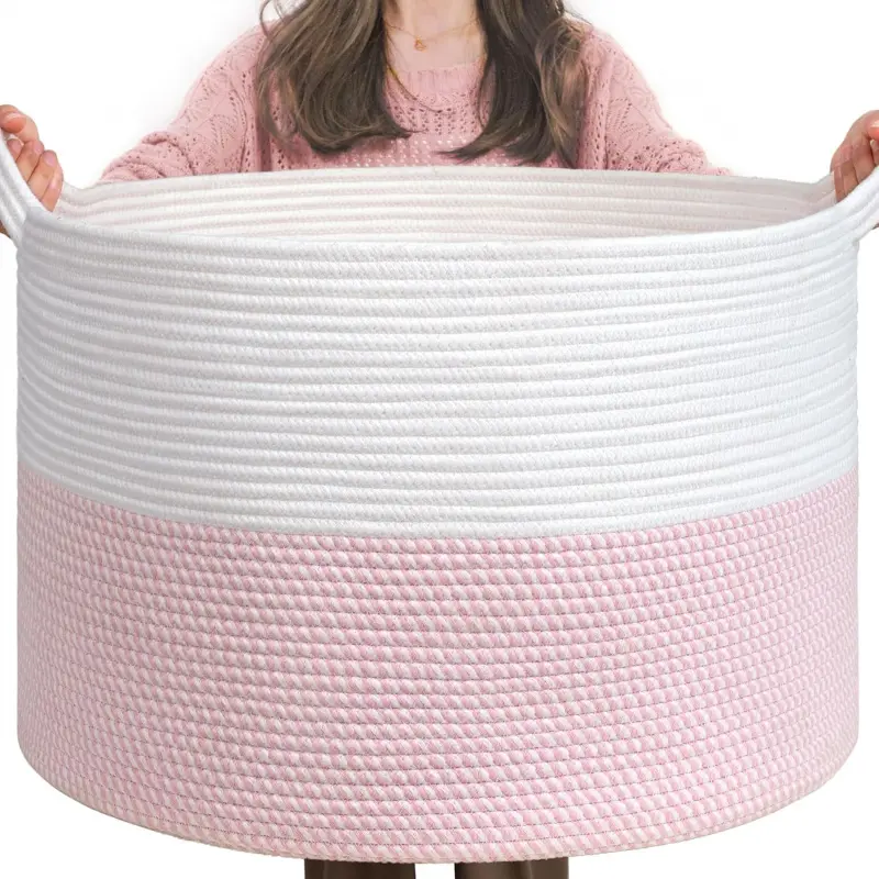 XXX large storage basket with handle, pink laundry basket, used for storing plush toys in the baby's room, baby basket children's toy storage basket, 21.7" x 21.7" x 13.8", pink