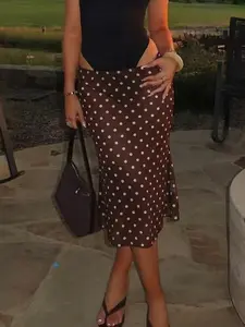 Women Polka Dot Pattern Midi Skirt High Waisted Slim Fit Elegant Vintage French Style Casual Office Wear Date Night Outfit Lightweight Summer Chic Skirt Brown White Fabric