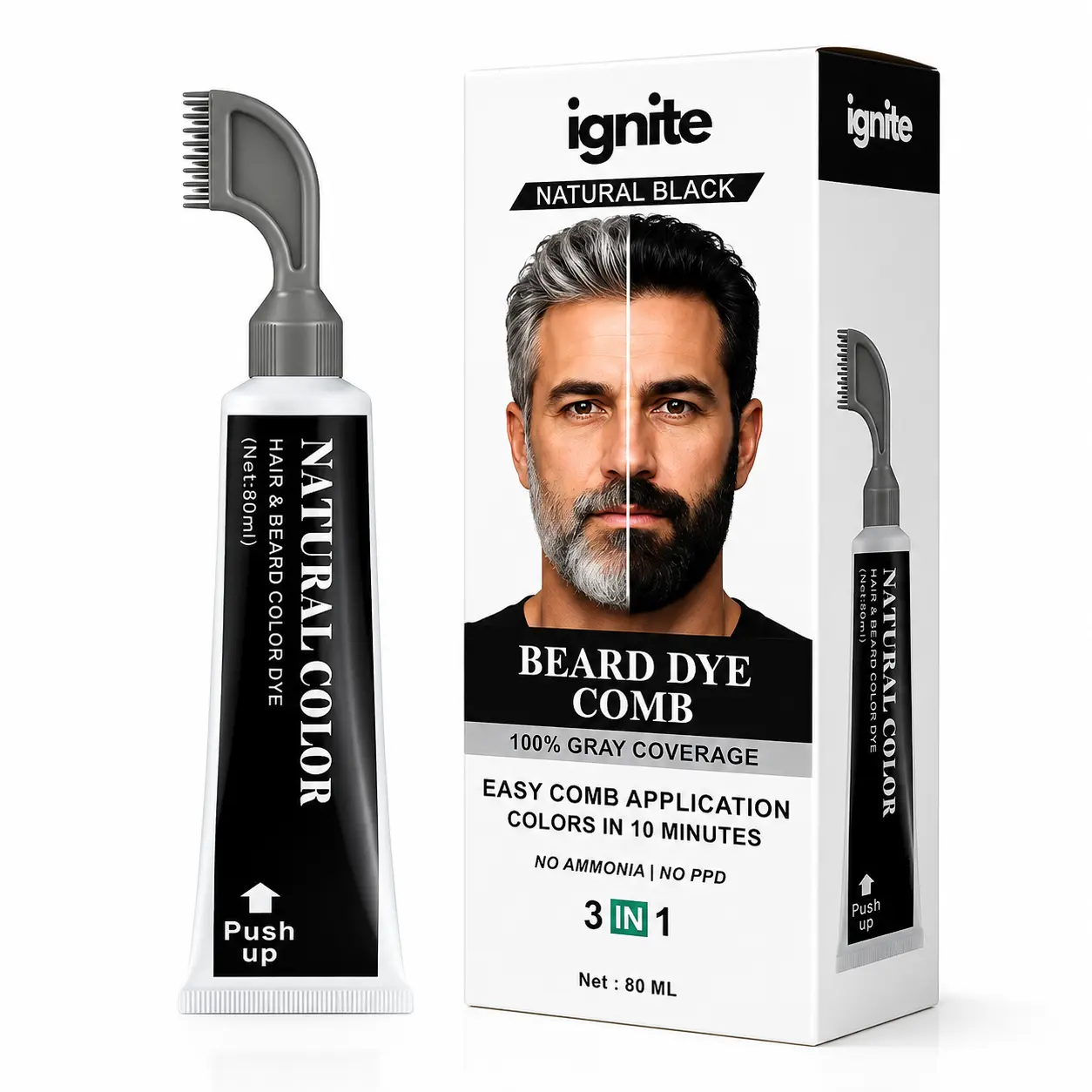 3-in-1 Argan Oil & Fruit Infused Hair Beard Color Comb, 80ml No-Ammonia Mustache Beard Dye, Easy Application, 100% Gray Coverage
