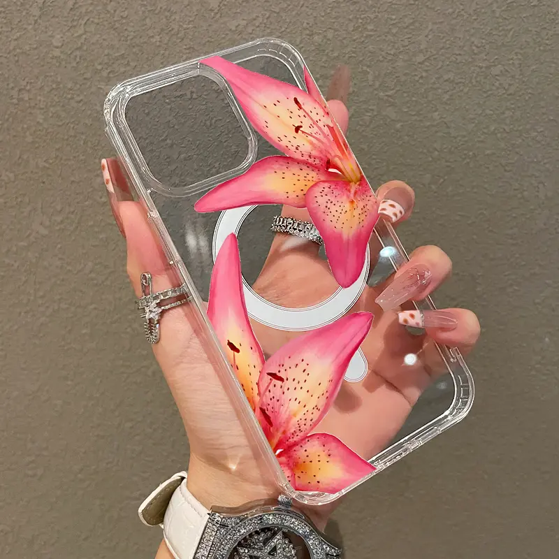 Magnetic Soft Case for iPhone11/12/13/14/15/16/17/promax/plus/air, Pink Lily Flowers MagSafe Compatible,Aesthetic Pattern Design Lightweight,AntiScratch,and Trendy