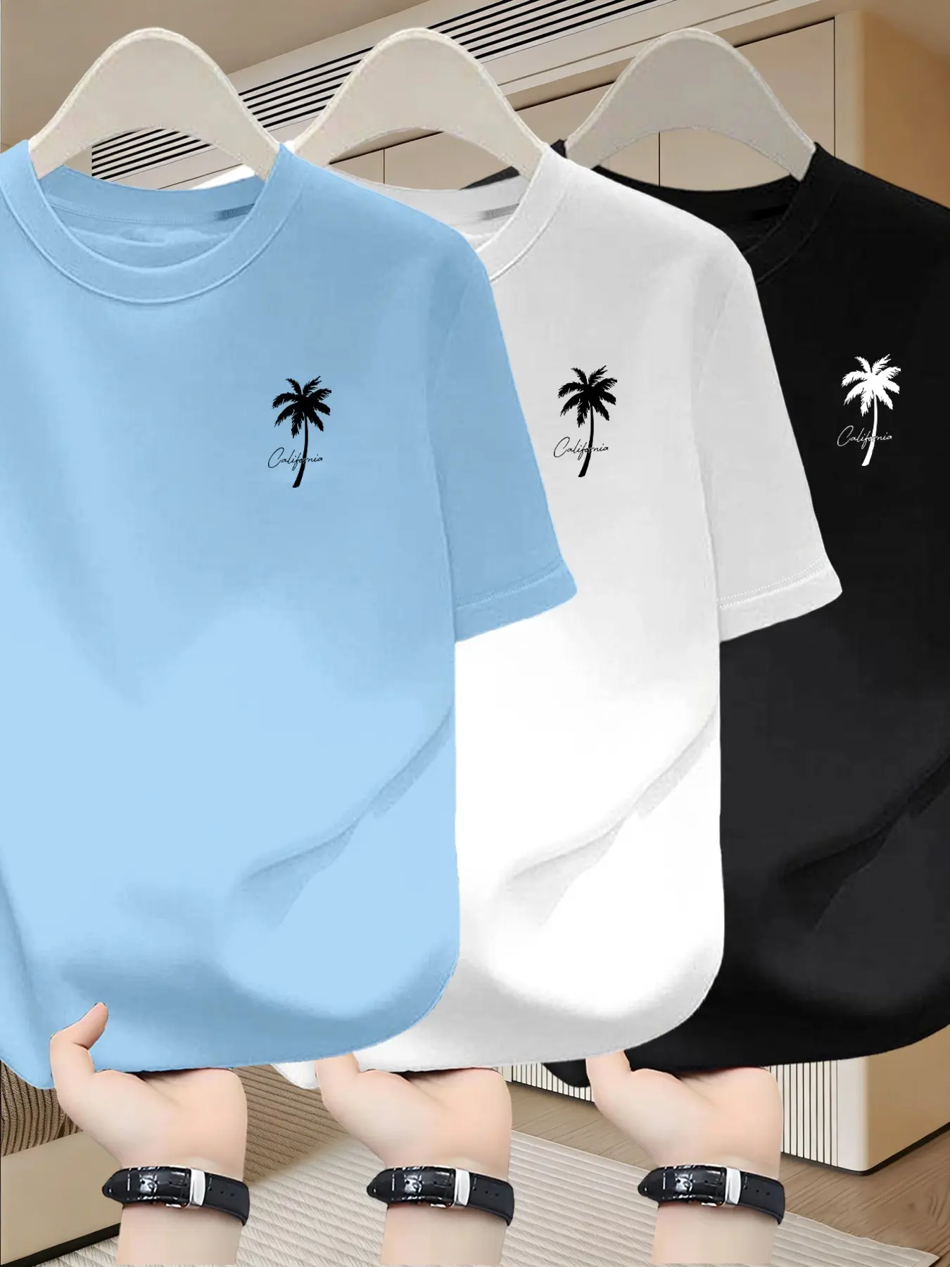 Men's Summer Tropical Coconut Tree Print Round Neck Short Sleeve T-Shirt, Casual Printed Tee, Classic Casual Streetwear Soft Comfortable Top, Botanical T Shirt, 3 Pieces Set for Outdoor Daily Wear, Menswear Vibe