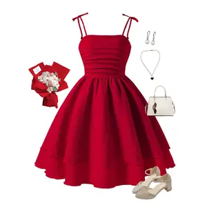Sweet Ruffle Strap Dress for Girls, Summer Casual Style, Fitted Woven Fabric, Moderate Thickness, Perfect for Daily Wear