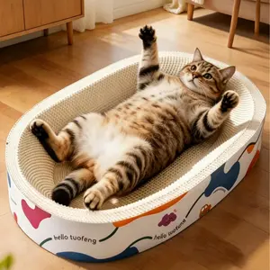 White Oval Cardboard Cat Scratcher Bowl, Corrugated Cat Scratch Pad Nest, Round Cat Scratching Board Lounge Bed, Furniture Protector for Couch wall anti-slip design summervibes petlovers