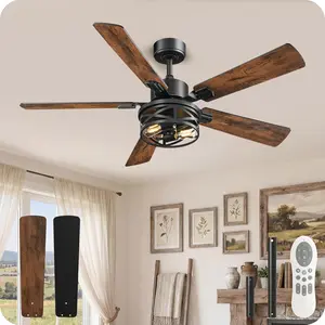 42 Inch Farmhouse Ceiling Fan with Lights and Remote, Timer, Dual Finish 5  (Walnut and Black), 6 Speeds, Reversible DC , Rustic & Industrial Caged Ceiling Fan for Bedroom FB01CF4205