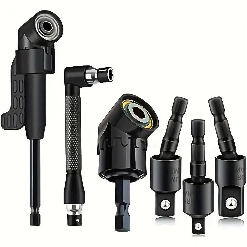 6 Piece Right Angle Drill Bit Set, 3 Rotatable 360° Socket Adapters, 2 Hex Shank 105° Drill Bits, Durable Steel, Multi-Function Drilling Accessories, Tool Kit, Power Tool Accessories