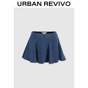 URBAN REVIVO Women's Fitted Basic Plain Short Denim Mini Skirt (UYU850067), Low Waist Western Style Skirt, 2025 Trendy Elegant Casual OOTD Womenswear Bottoms, Low Waist Skirt, Western Style Skirts