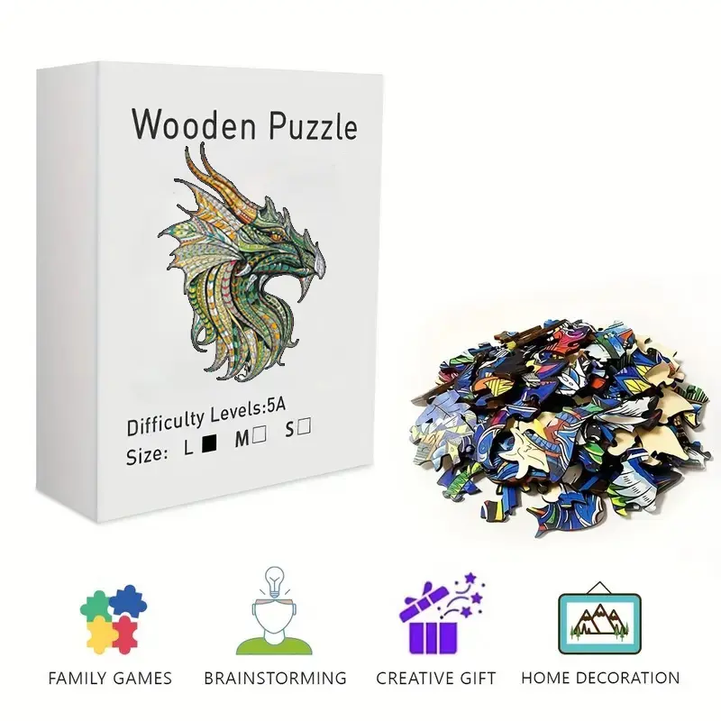 Intricate Tribal Dragon Head Wooden Jigsaw Puzzle for Adults & Kids - Challenging Irregular Shaped Pieces, Fantasy Zentangle Dragon Art Puzzle, Stress Relief Brain Teaser, Framable Wall Art & Home Decor