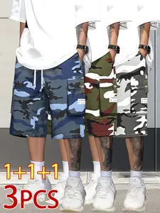 3-pack camouflage cargo shorts for men — knee-length workwear/tactical shorts with a drawstring waist and multiple pockets, machine washable, suitable for physical training, casual wear, and outdoor sports—an ideal holiday gift