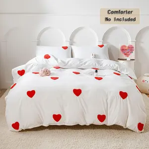 Tufted Heart Embroidered Duvet Cover Set (No Insert), 2–3 Piece Romantic Coquette Bedding with Matching Pillowcases, Soft & Breathable All-Season Comforter Cover for Hot Sleepers, Aesthetic Bedroom Décor, Machine Washable ，Gift for Mother’s Day