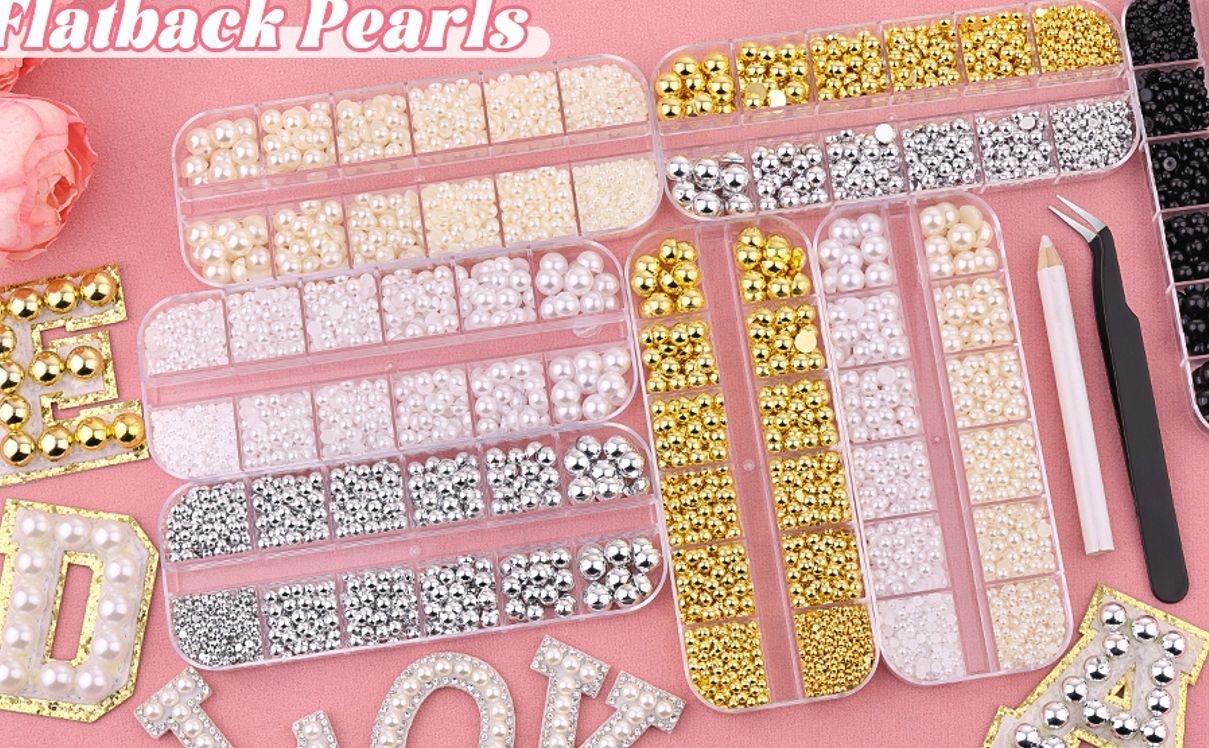 Silver Nail Charms and Gems, Half Round Flatback Pearl Nail Charms, Nail Pearls Rhinestones Kit Silver Beads for Nails with Pencil and Tweezer for DIY Nail Art, Face Makeup and Crafting