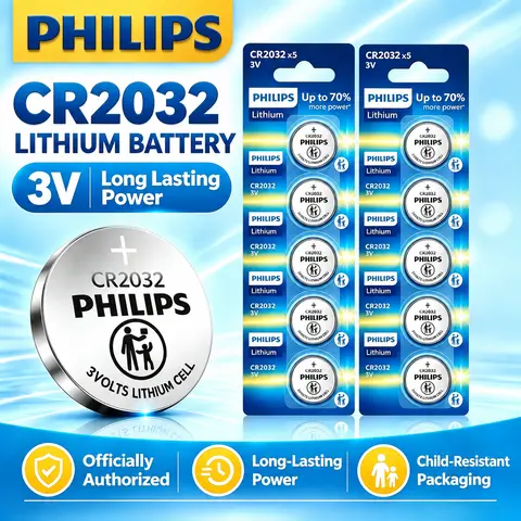 Philips CR2032 3V Coin Cell Batterys Lithium Button  (5/10/20/50 Pack),Long-Lasting Power with 10 Year Storage, Leak-Proof & Child-Safe Packaging for Car Key Fobs,  AirTag, Remote ,  Walkie Smart Locks and Household Electronics
