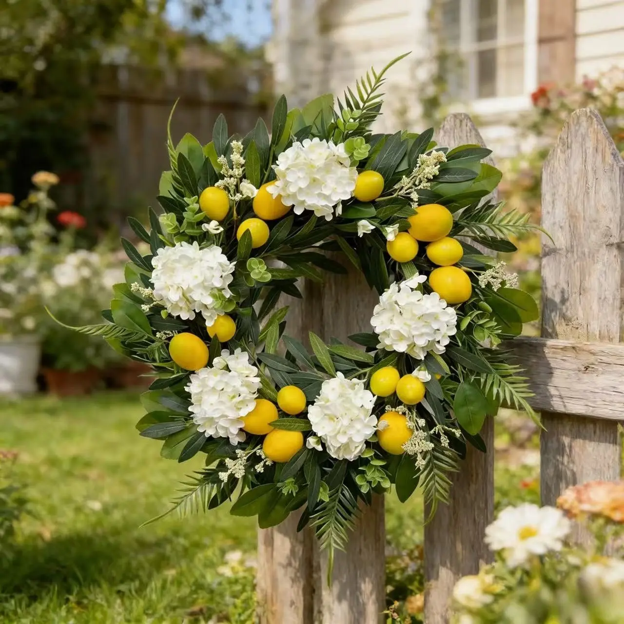 Front Door Outdoor Spring Summer Wreath, 17.72 Inch Artificial Lemon Hydrangea Wreath, Artificial Floral Wreath, Farm Style Decorative Flowers Home Decor, Porch Wall Decoration, Artificial Flower Decorations