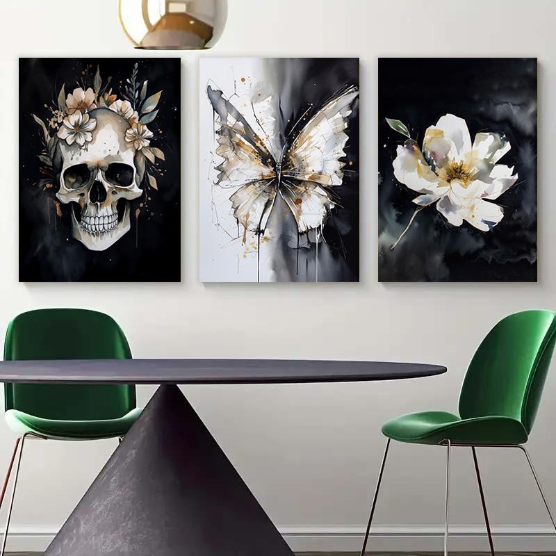Framed 3 Pieces Skull Pansy Canvas Poster Black and White Gothic Wall Art Witch Wall Decor Perfect Gift for Friends and Family Flower Skull Butterfly Abstract Wall Art Canvas Print Home DecorAlready frameddopamine decor gifts boyfriend poster