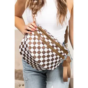 Women's Chestnut Checkered Print Wide-Strap Large Crossbody/Shoulder Bag