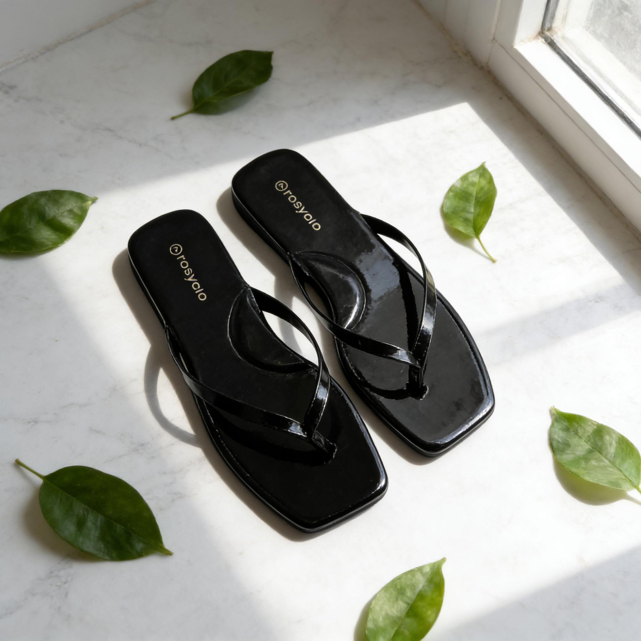 rosyclo Women's Glossy Square Toe Flip Flops | High-Shine Mirror Finish Thong Sandals | Minimalist Summer Beach Slides | Lightweight Elegant Flat Sandals