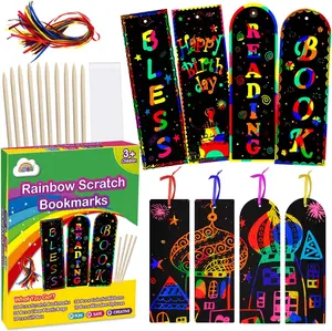 ZMLM Scratch Bookmarks Gift for Kids: 36 Set Rainbow DIY Scratch Paper Art Craft Bookmark Pack Party Favor Activity Bulk Making Kit for Boys Girls Art Craft for Birthday Christmas Halloween